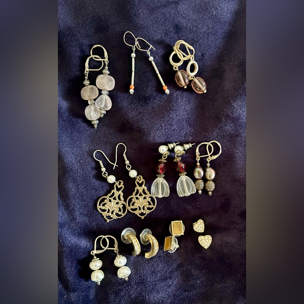 Earring Wardrobe- 10 pair. Studs and dangle. Costume jewelry earrings.
